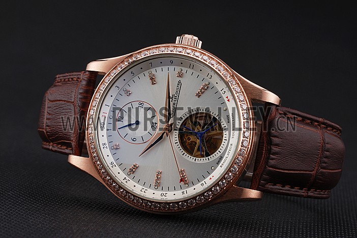 Jaeger-LeCoultre Master Tourbillon Dualtime White Dial Gold Case With Diamonds Brown Leather Strap 622782