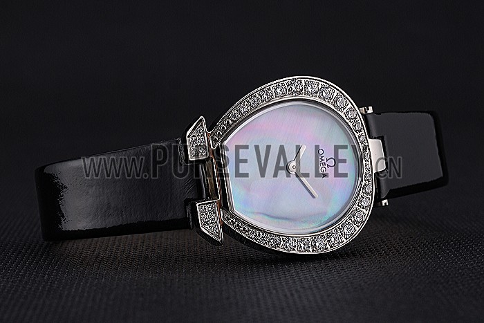 Omega Ladies Watch Pearl Dial Stainless Steel Case With Diamonds Black Leather Strap 622828