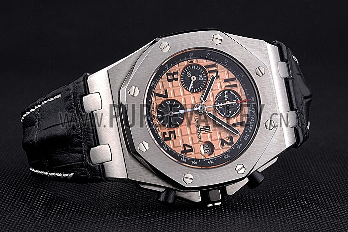 Swiss Audemars Piguet Royal Oak Offshore Gold Dial Stainless Steel Case Black Leather Strap 622849