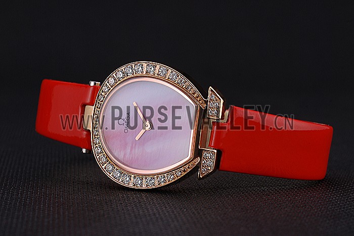 Omega Ladies Watch Pink Dial Gold Case With Diamonds Red Leather Strap 622831