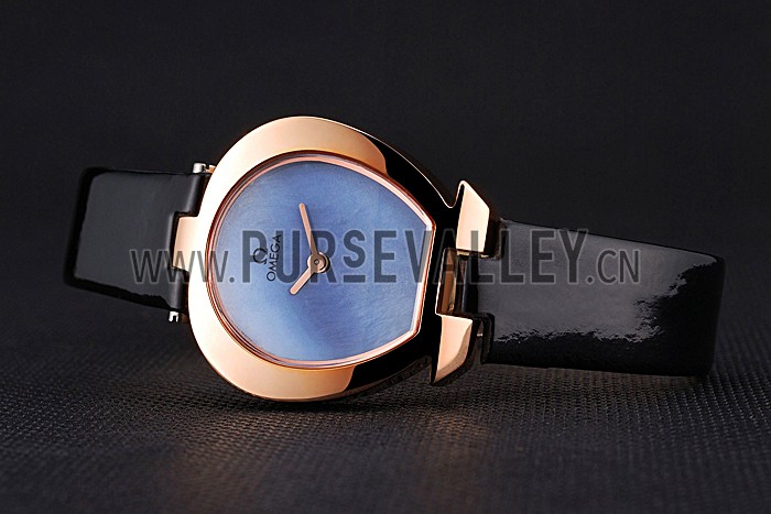 Omega Ladies Watch Sky Blue Dial Gold Case Black Leather Strap 622821