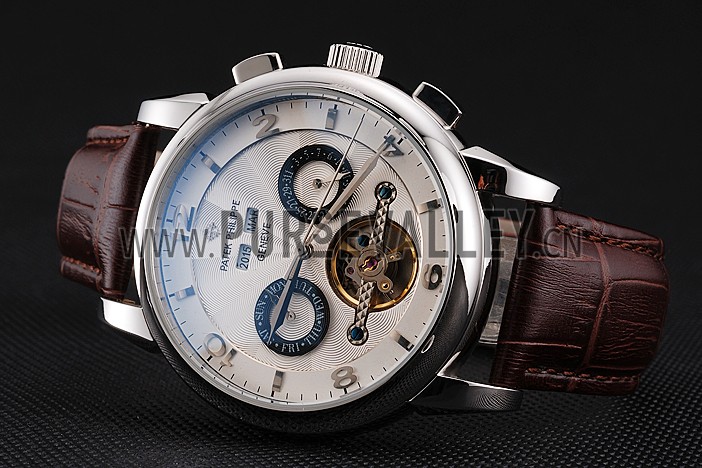 Patek Philippe Classic Tourbillon Power Reserve Black And White Dial Stainless Steel Case Brown Leather Strap