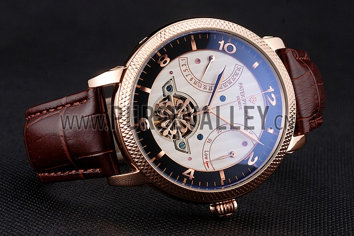 Patek Philippe Classic Tourbillon Power Reserve Black And White Dial Rose Gold Case Brown Leather Strap