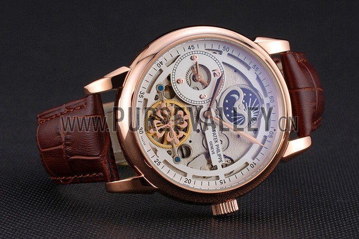 Patek Philippe Dual Time Moonphase Tourbillon White Skeletonised Dial Rose Gold Case Brown Leather Strap