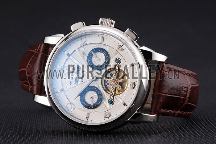 Patek Philippe Perpetual Calendar Tourbillon White Dial Stainless Steel Case Brown Leather Strap