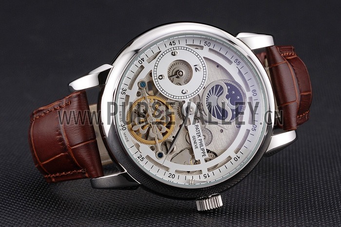 Patek Philippe Dual Time Moonphase Tourbillon White Skeletonised Dial Stainless Steel Case Brown Leather Strap