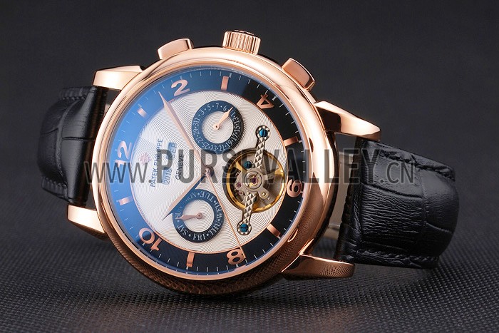 Patek Philippe Perpetual Calendar Tourbillon Two Tone Dial Rose Gold Case Black Leather Strap