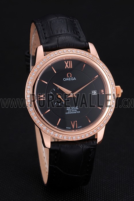 Omega De Ville Prestige Co-Axial Black Dial Rose Gold Diamond Case Black Leather Strap Roman Numeral