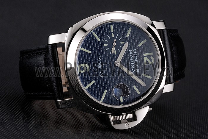 Panerai Luminor Marina Date Black Hobnail Pattern Dial Stainless Steel Case Black Leather Strap