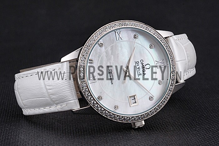 Omega DeVille Prestige Co-Axial Diamond Silver Case Mother-Of-Pearl Dial White Leather Strap