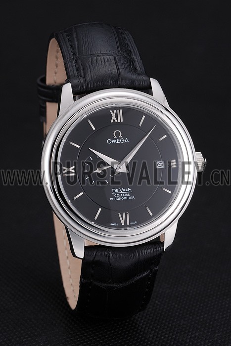 Omega De Ville Prestige Co-Axial Black Dial Silver Case Black Leather Strap Roman Numeral