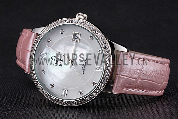 Omega DeVille Prestige Co-Axial Diamond Silver Case Mother-Of-Pearl Dial Pink Leather Strap