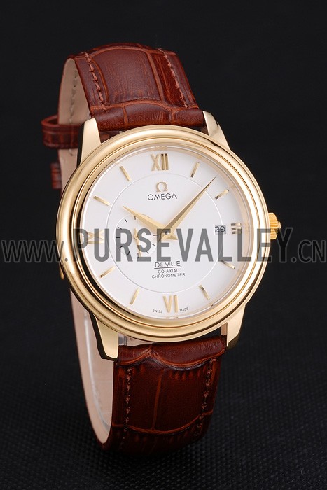 Omega De Ville Prestige Co-Axial White Dial Gold Case Brown Leather Strap Roman Numeral