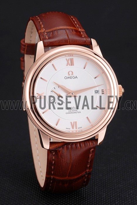 Omega De Ville Prestige Co-Axial White Dial Rose Gold Case Brown Leather Strap Roman Numeral