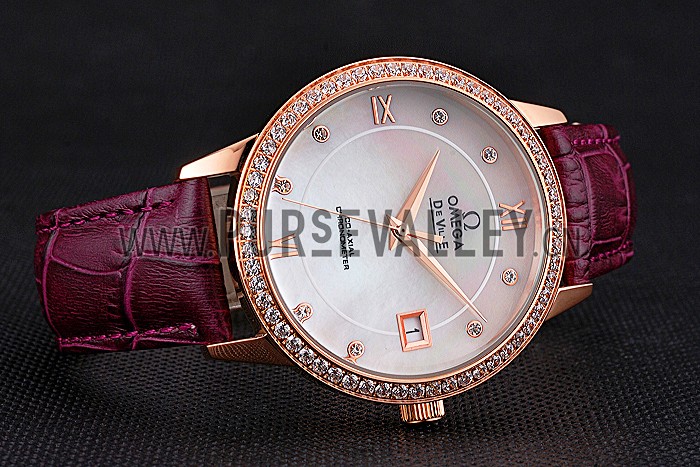 Omega DeVille Prestige Co-Axial Diamond Gold Case Mother-Of-Pearl Dial Purple Leather Strap