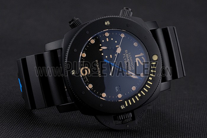 Panerai Luminor Submersible Flyback Date Black Dial Yellow Markings Black Ionized Case Black Rubber Strap