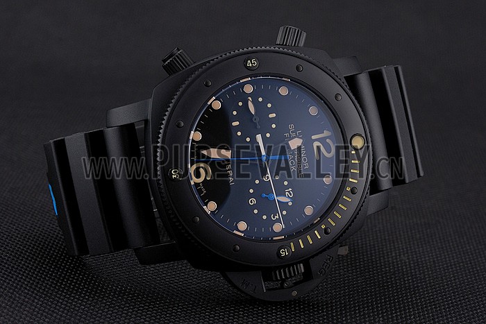 Panerai Luminor Submersible Flyback GMT Black Dial Yellow Markings Black Ionized Case Black Rubber Strap