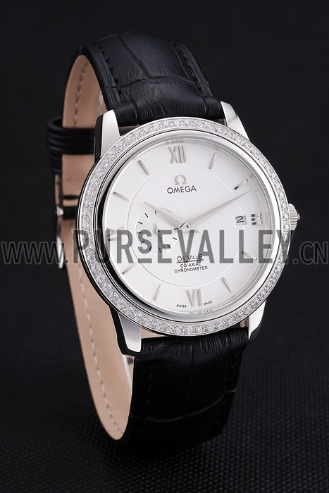 Omega De Ville Prestige Co-Axial White Dial Silver Diamond Case Black Leather Strap Roman Numeral