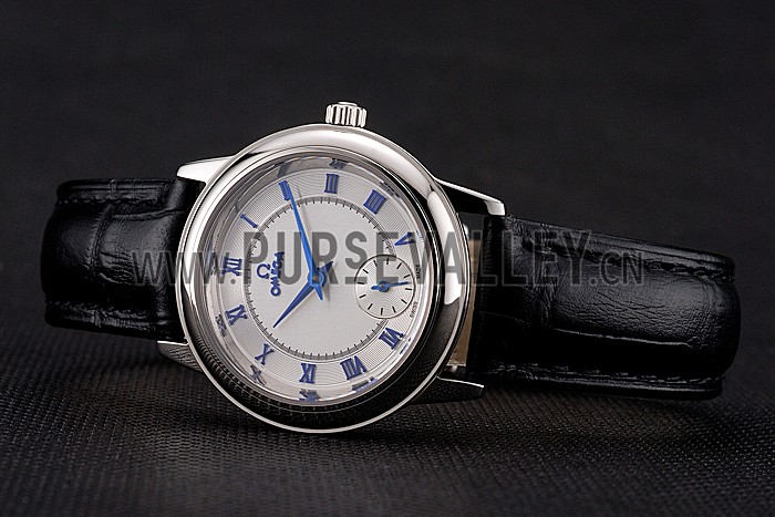 Omega De Ville Prestige Small Seconds White Dial Blue Numerals Stainless Steel Case Black Leather Strap