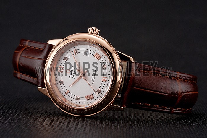 Omega De Ville Prestige Ladies White Dial Rose Gold Case Brown Leather Strap