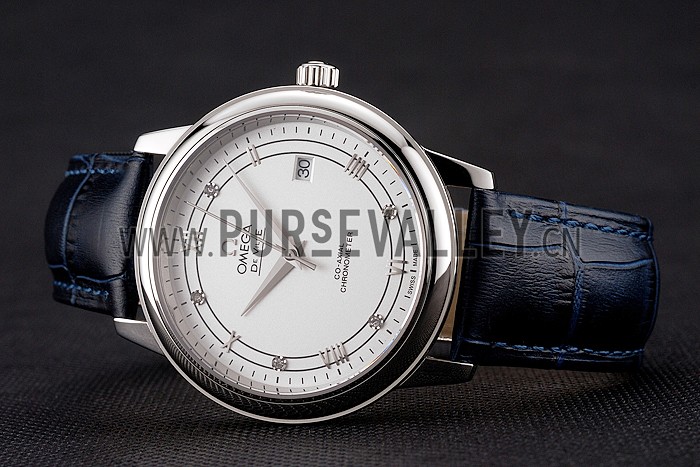Omega De Ville Prestige White Dial Stainless Steel Case Blue Leather Strap