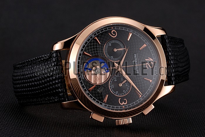Patek Philippe Chronograph Black Guilloche Dial Rose Gold Case Black Leather Strap
