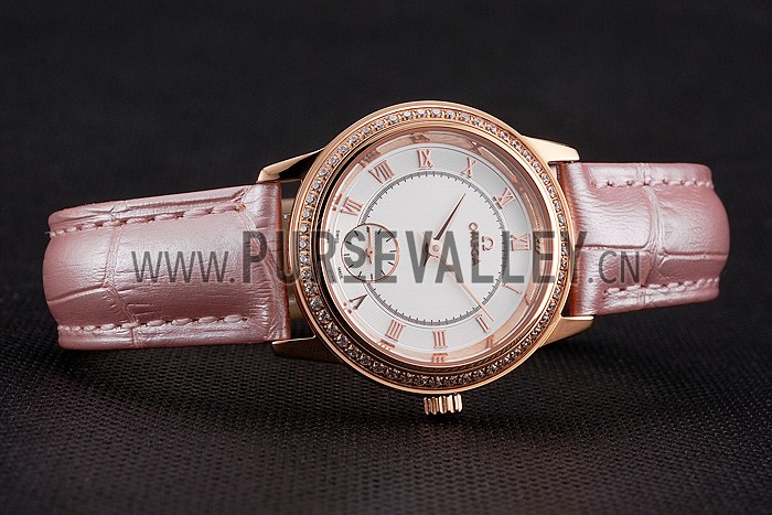 Omega De Ville Prestige Small Seconds White Dial Diamond Bezel Rose Gold Case Pink Leather Strap