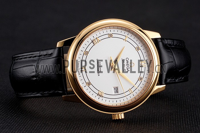 Omega De Ville Prestige White Dial Gold Case Black Leather Strap