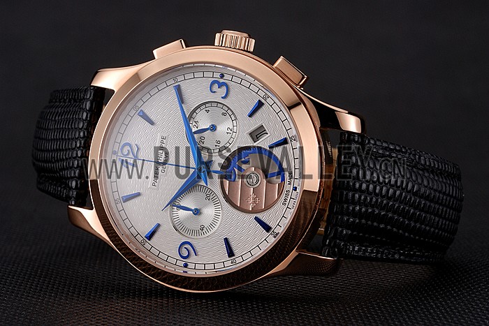 Patek Philippe Chronograph White Guilloche Dial Rose Gold Case Black Leather Strap