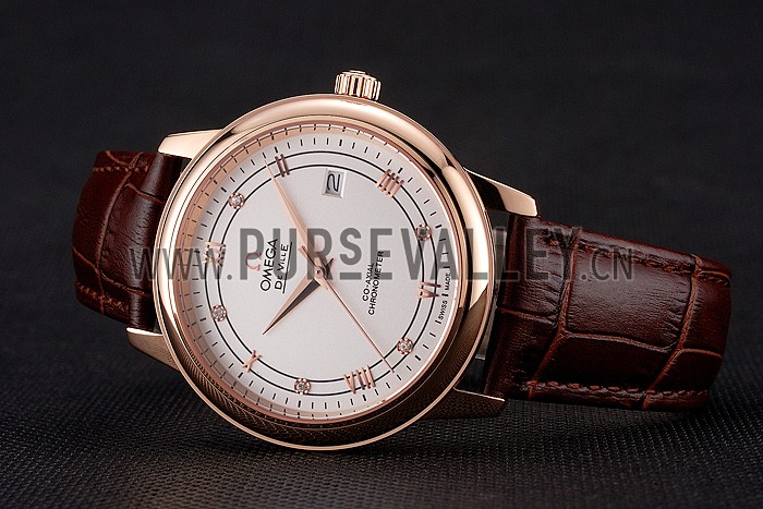 Omega De Ville Prestige White Dial Rose Gold Case Brown Leather Strap