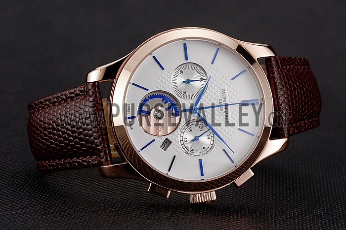 Patek Philippe Chronograph White Dial Rose Gold Case Brown Leather Strap