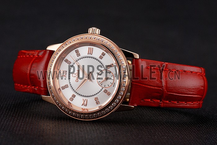 Omega De Ville Prestige Small Seconds White Dial Diamond Bezel Rose Gold Case Red Leather Strap