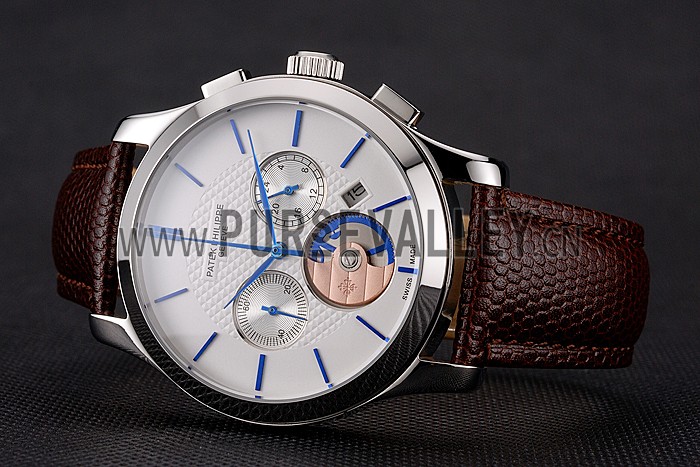 Patek Philippe Chronograph White Dial Blue Hands Stainless Steel Case Brown Leather Strap