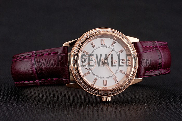 Omega De Ville Prestige Small Seconds White Dial Diamond Bezel Rose Gold Case Purple Leather Strap