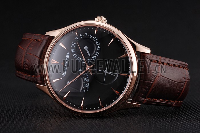 Swiss Jaeger LeCoultre Master Ultra Thin Reserve De Marche Black Dial Rose Gold Case Brown Leather Strap