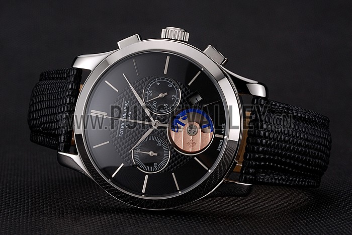 Patek Philippe Chronograph Black Dial Stainless Steel Case Black Leather Strap