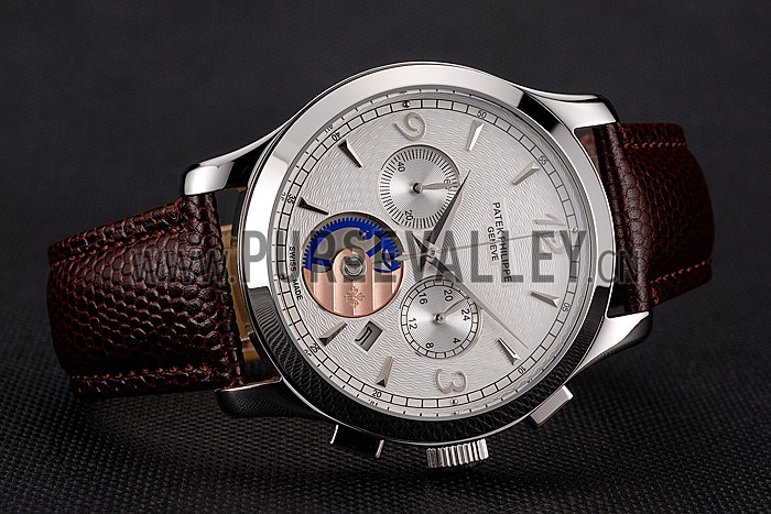 Patek Philippe Chronograph White Guilloche Dial Stainless Steel Case Brown Leather Strap