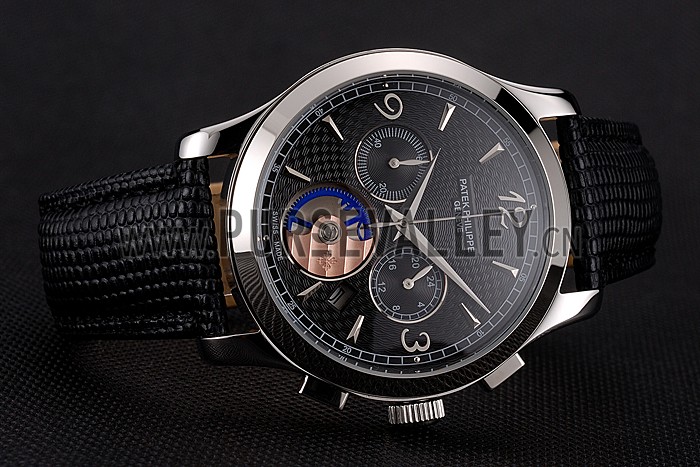 Patek Philippe Chronograph Black Guilloche Dial Stainless Steel Case Black Leather Strap