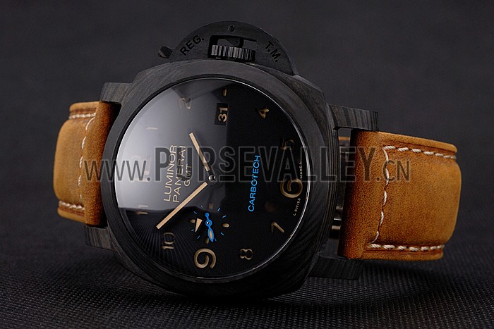 Swiss Panerai Luminor GMT Carbotech Black Dial Black Case Brown Leather Strap