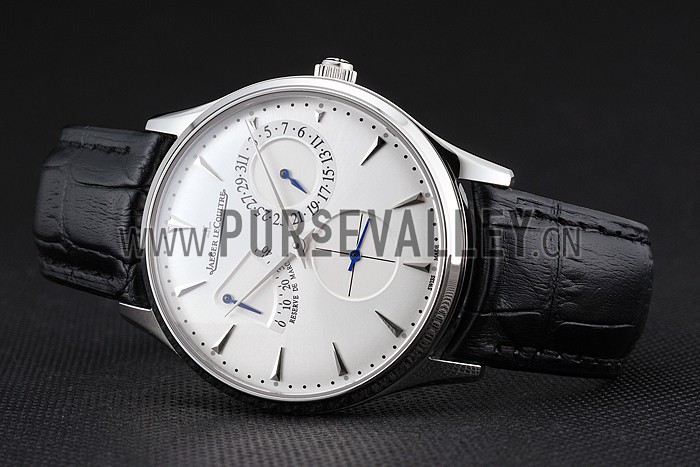 Swiss Jaeger LeCoultre Master Ultra Thin Reserve De Marche White Dial Stainless Steel Case Black Leather Strap