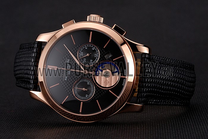Patek Philippe Chronograph Black Dial Rose Gold Case Black Leather Strap