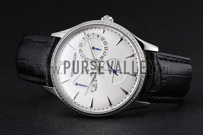 Swiss Jaeger LeCoultre Master Ultra Thin Reserve De Marche White Dial Diamond Bezel Stainless Steel Case Black Leather Strap