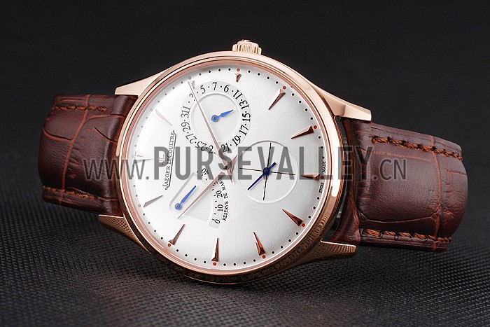 Swiss Jaeger LeCoultre Master Ultra Thin Reserve De Marche Silver Dial Rose Gold Case Brown Leather Strap