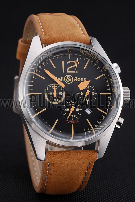 Bell and Ross BR126 Flyback Black Dial Silver Case Gold Numerals Brown Suede Leather Strap