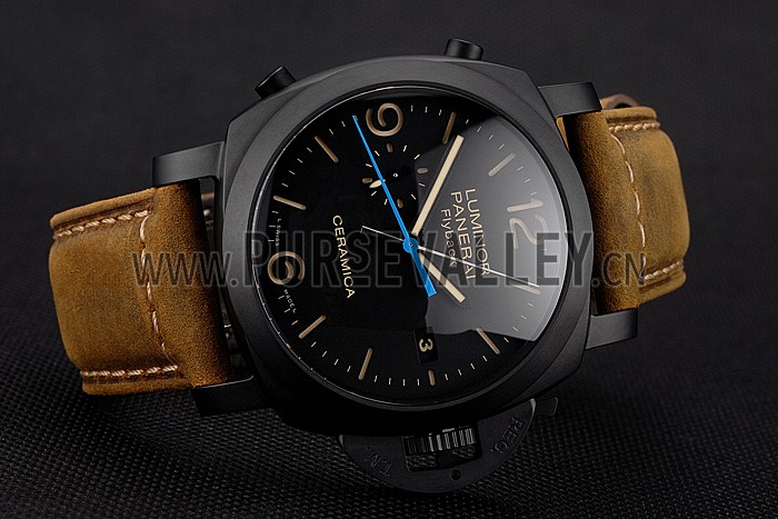 Swiss Panerai Luminor Ceramica Flyback Chronograph Black Dial Black Case Brown Leather Strap