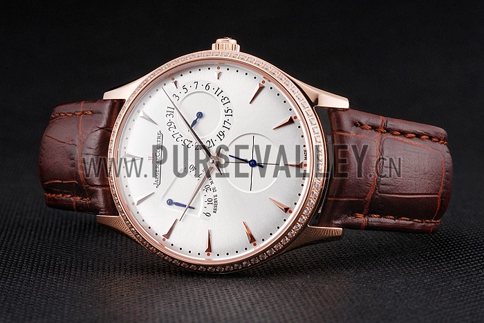 Swiss Jaeger LeCoultre Master Ultra Thin Reserve De Marche Silver Dial Diamond Bezel Rose Gold Case Brown Leather Strap