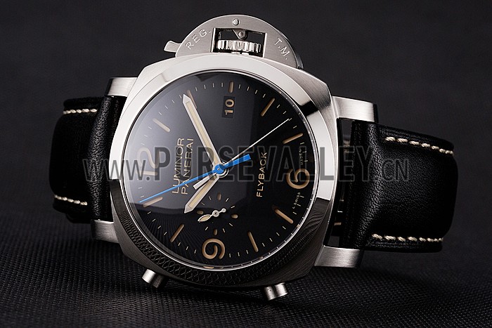 Swiss Panerai Luminor Flyback Chronograph Black Dial Stainless Steel Case Black Leather Strap