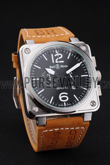 Bell and Ross BR 03-94 Black Dial Silver Case Brown Leather Strap