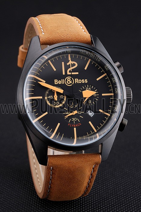 Bell and Ross BR126 Flyback Black Dial Black Case Gold Numerals Brown Suede Leather Strap