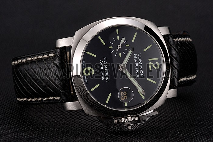 Swiss Panerai Luminor Marina Black Dial Stainless Steel Case Black Leather Strap